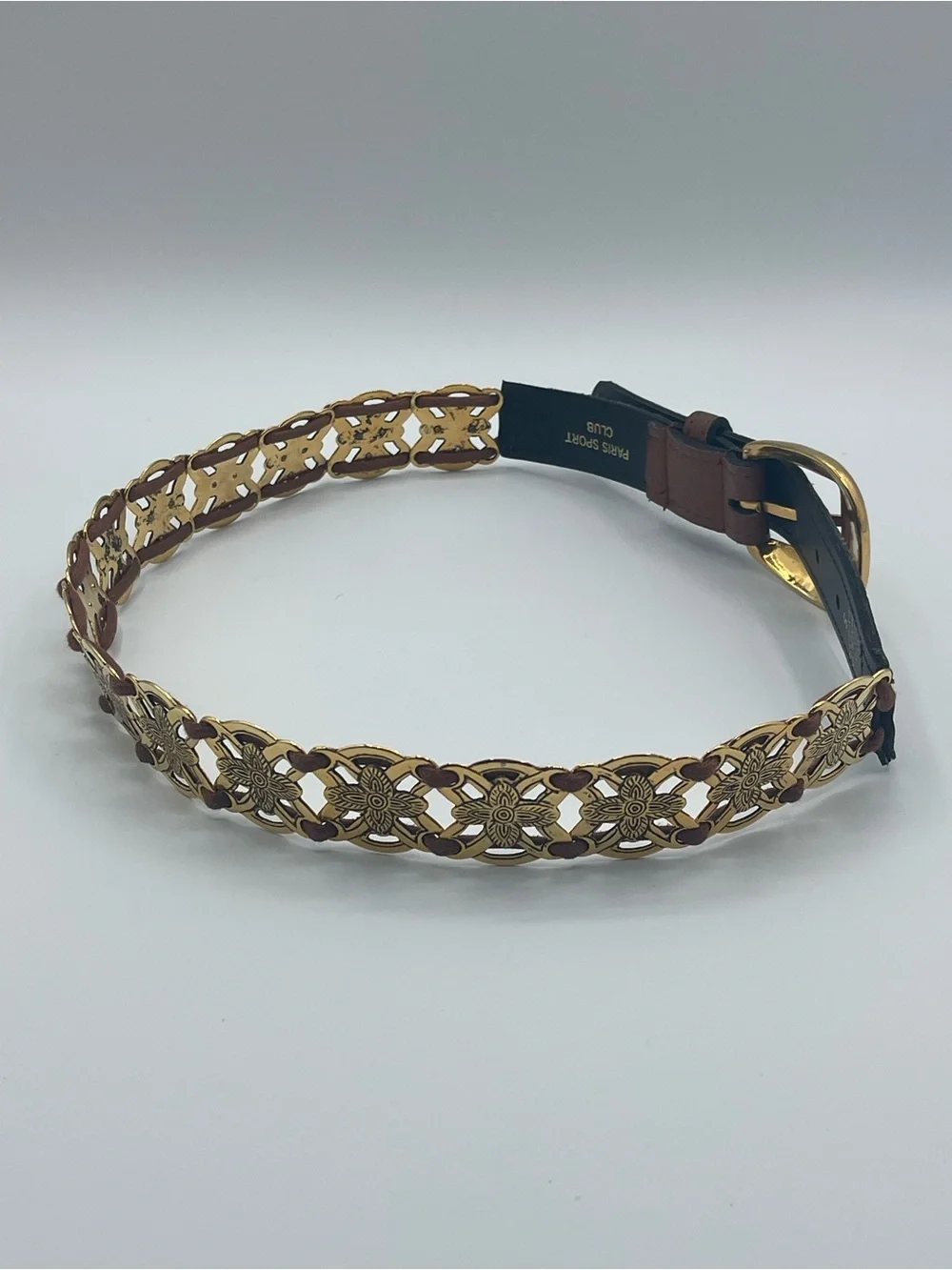 Vintage Paris Sport Club Gold Tone Floral Medallion Chain Belt - Size Small